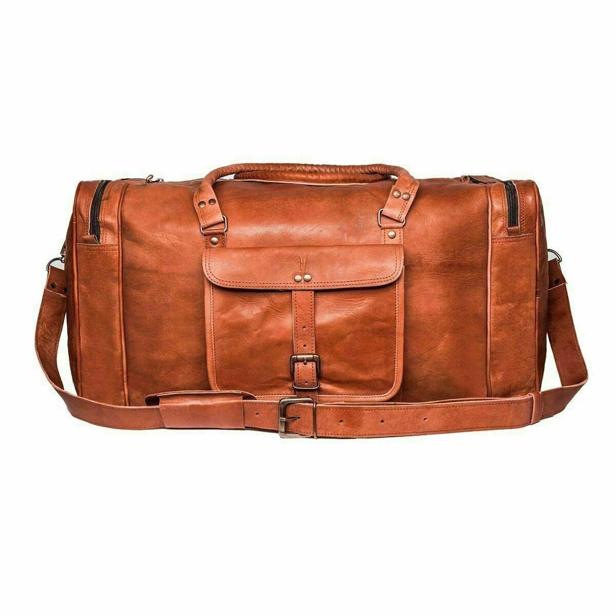 Vintage brown leather duffel travel bag with shoulder strap