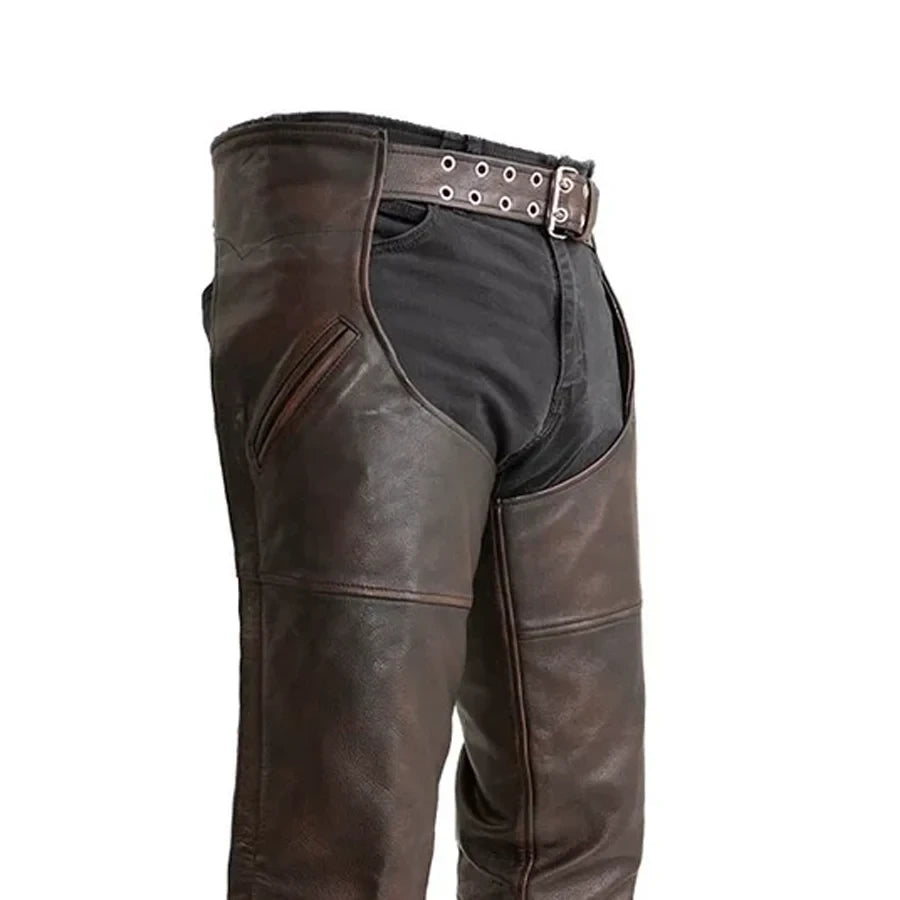 Brown leather motorcycle chaps with silver belt and grommets on a white background