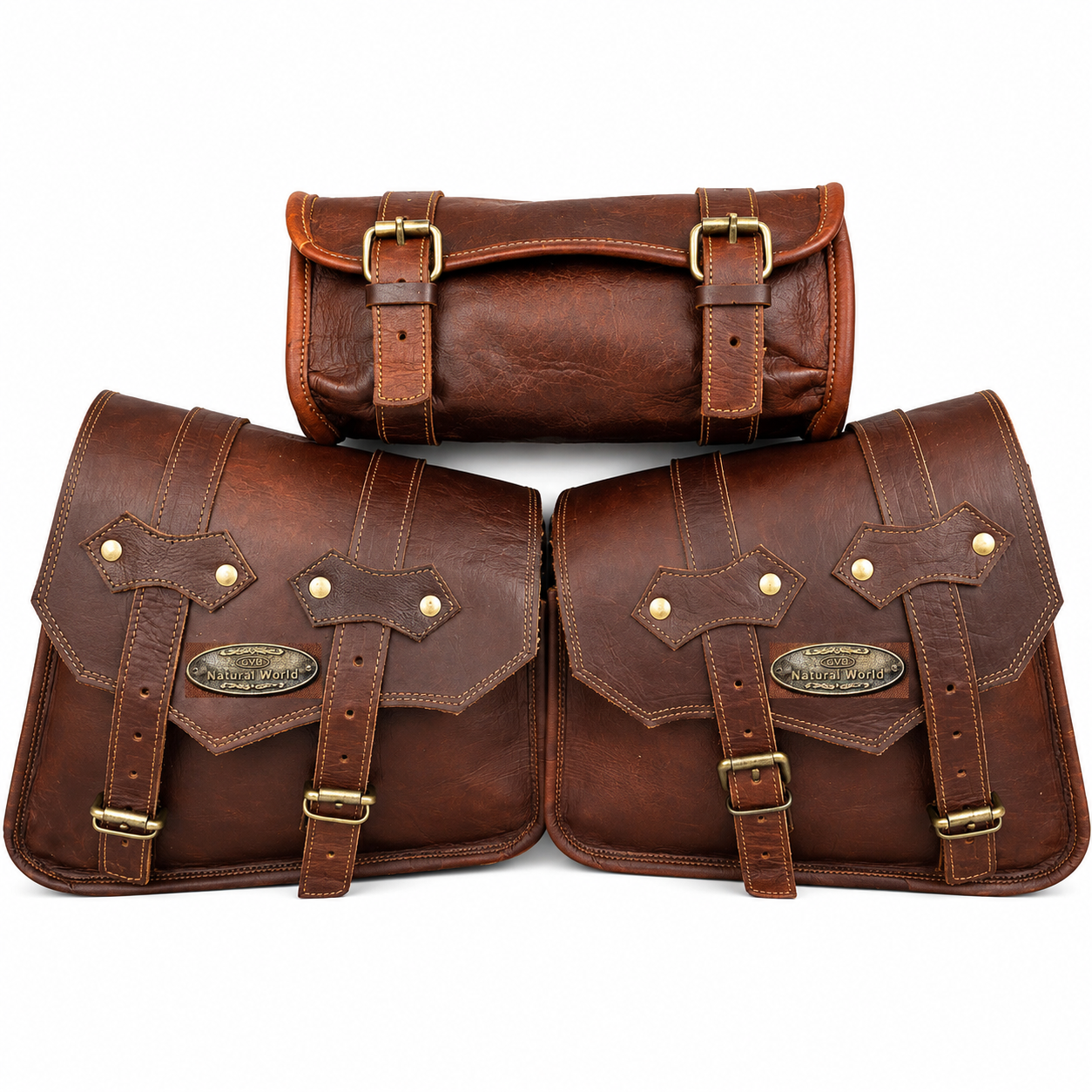 Vintage brown leather motorcycle saddle bags set with tool roll