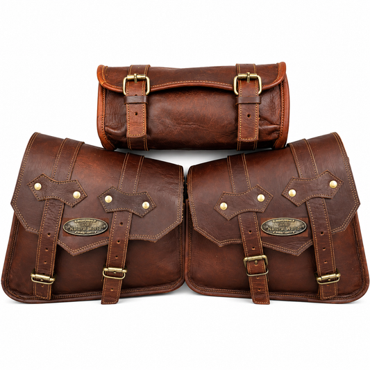 Vintage brown leather motorcycle saddle bags set with tool roll