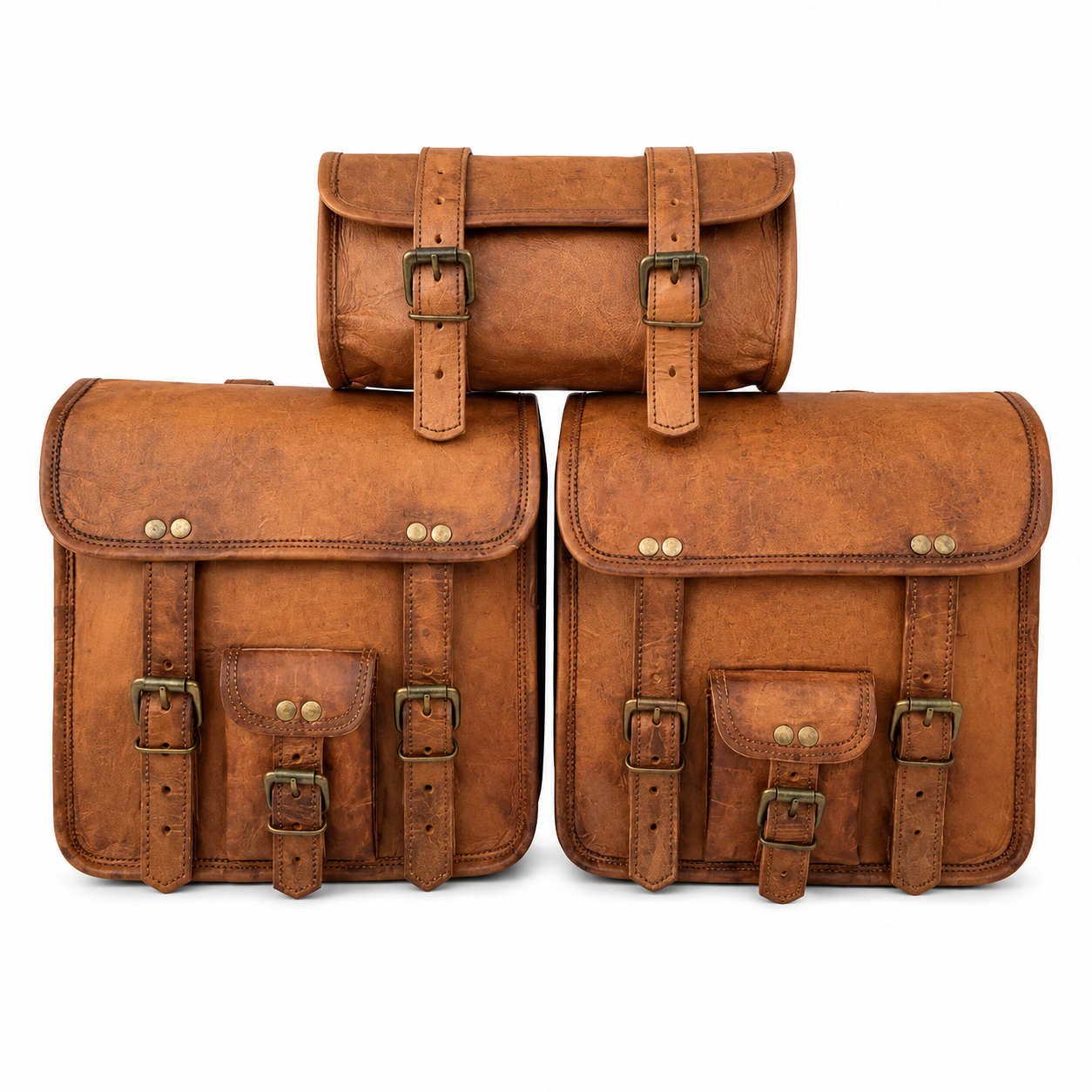 Vintage brown leather 3 piece motorcycle saddlebag set with two side bags and center tool roll