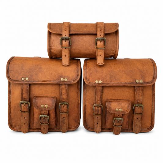 Vintage brown leather 3 piece motorcycle saddlebag set with two side bags and center tool roll