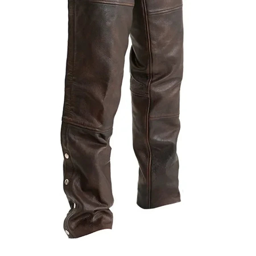 Brown leather pants with button details on a white background