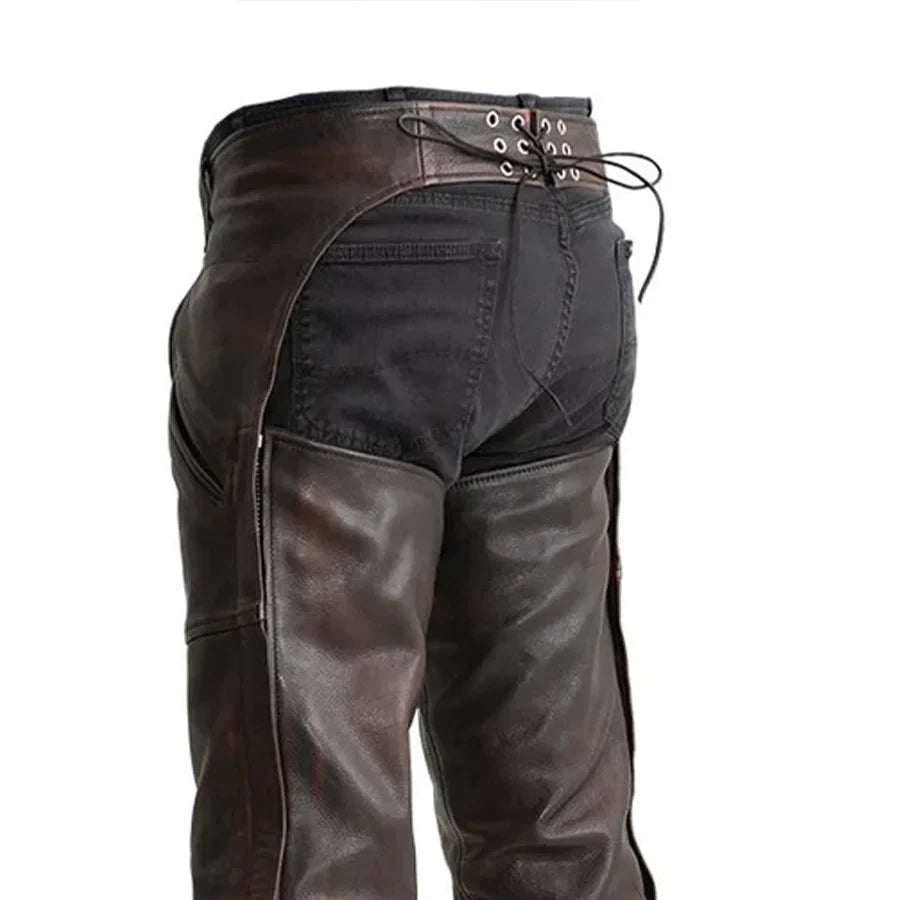 Brown leather pants with side laces on a white background