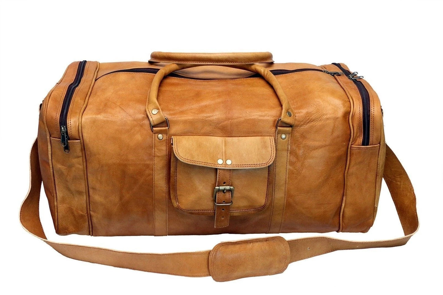 Vintage brown leather duffel bag with shoulder strap for travel