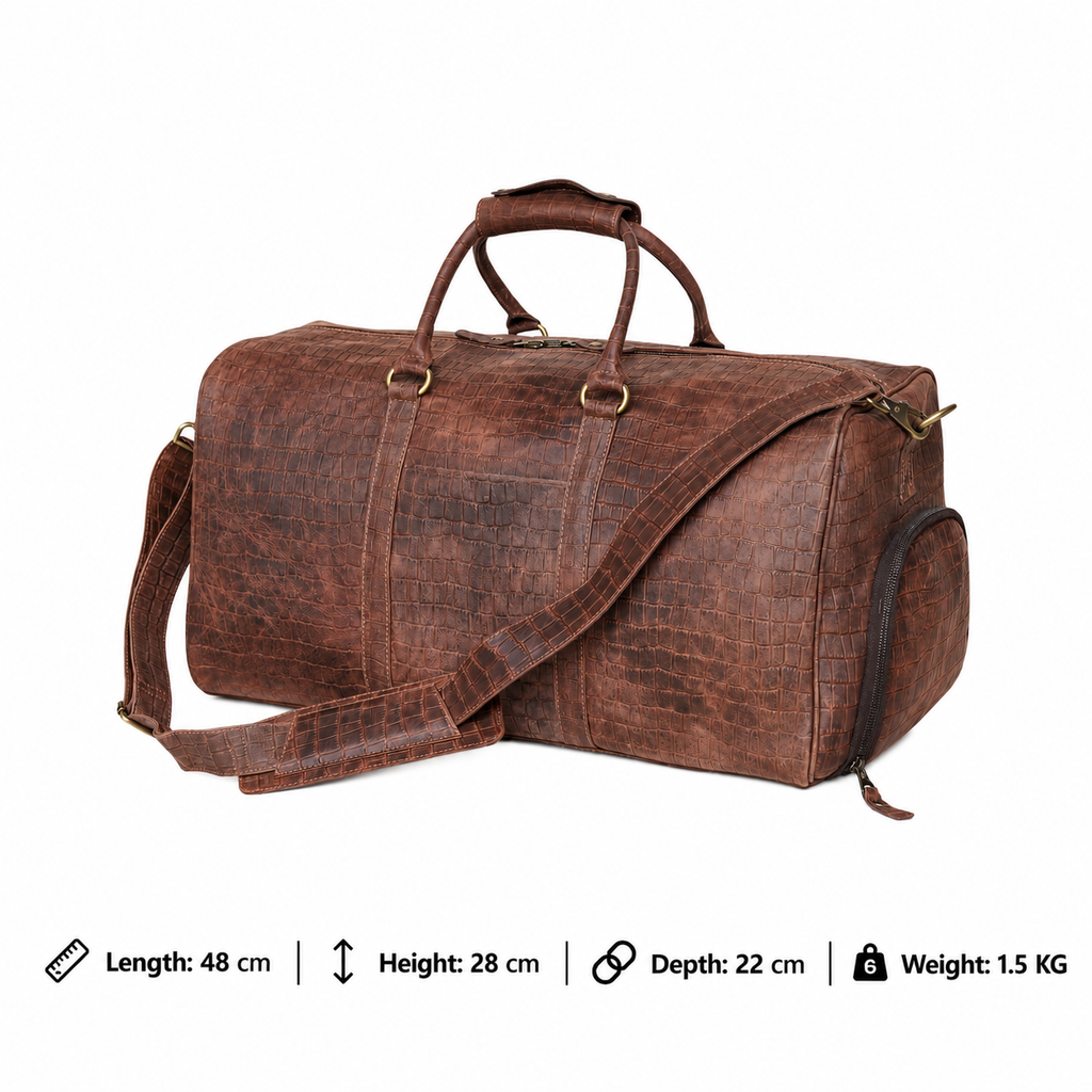 Croc embossed brown leather duffel bag