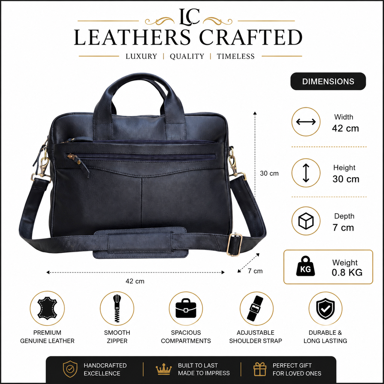 Genuine Leather Laptop Briefcase for Men – Black Leather Business Work Bag with Shoulder Strap