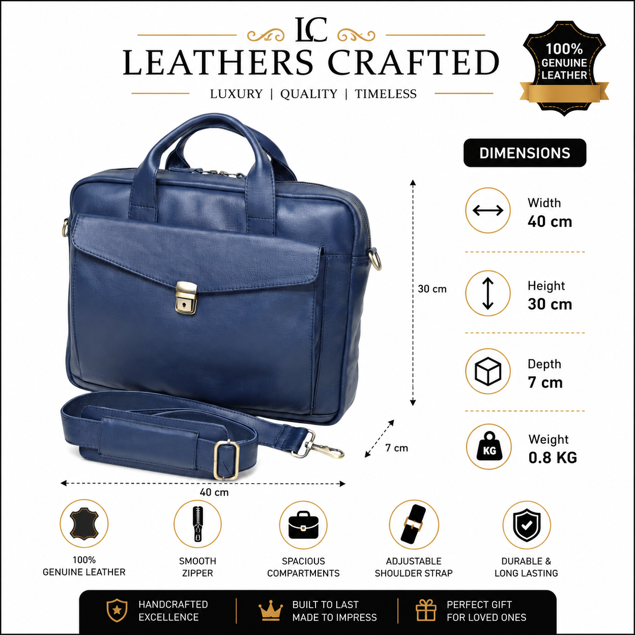Genuine Leather Laptop Briefcase for Men – Navy Blue Business Office Bag with Shoulder Strap