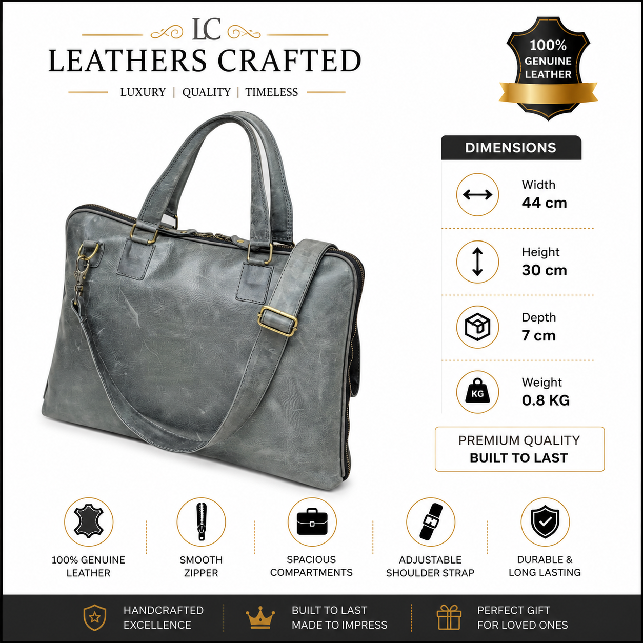 Genuine Leather Briefcase for Men – Grey Distressed Leather Business & Work Bag