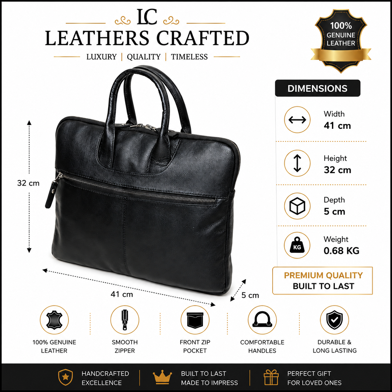 Men’s Black Leather Briefcase – Premium Laptop & Business Work Bag