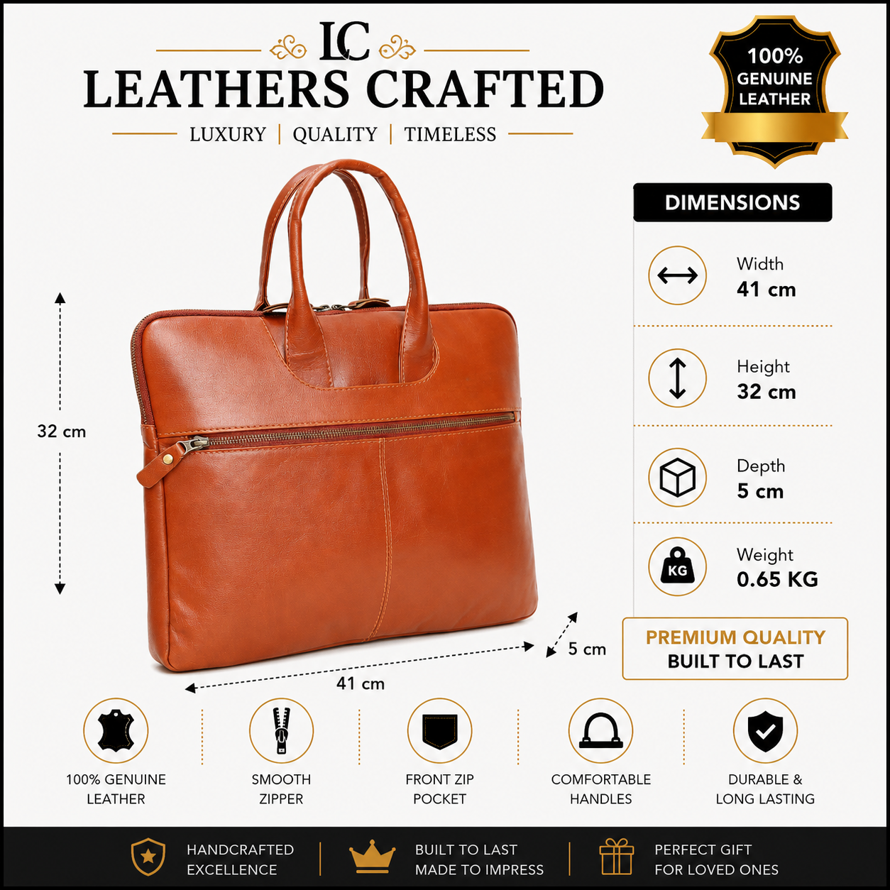 Genuine Leather Laptop Briefcase – Handmade Leather Business Bag with Double Handles