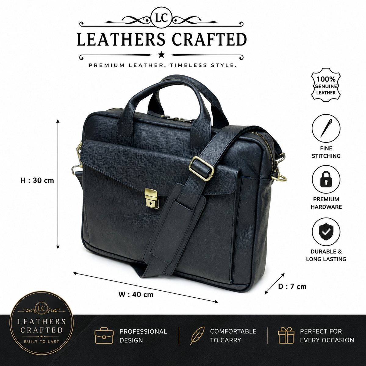 Black Genuine Leather Laptop Briefcase & Messenger Bag | Leathers Crafted