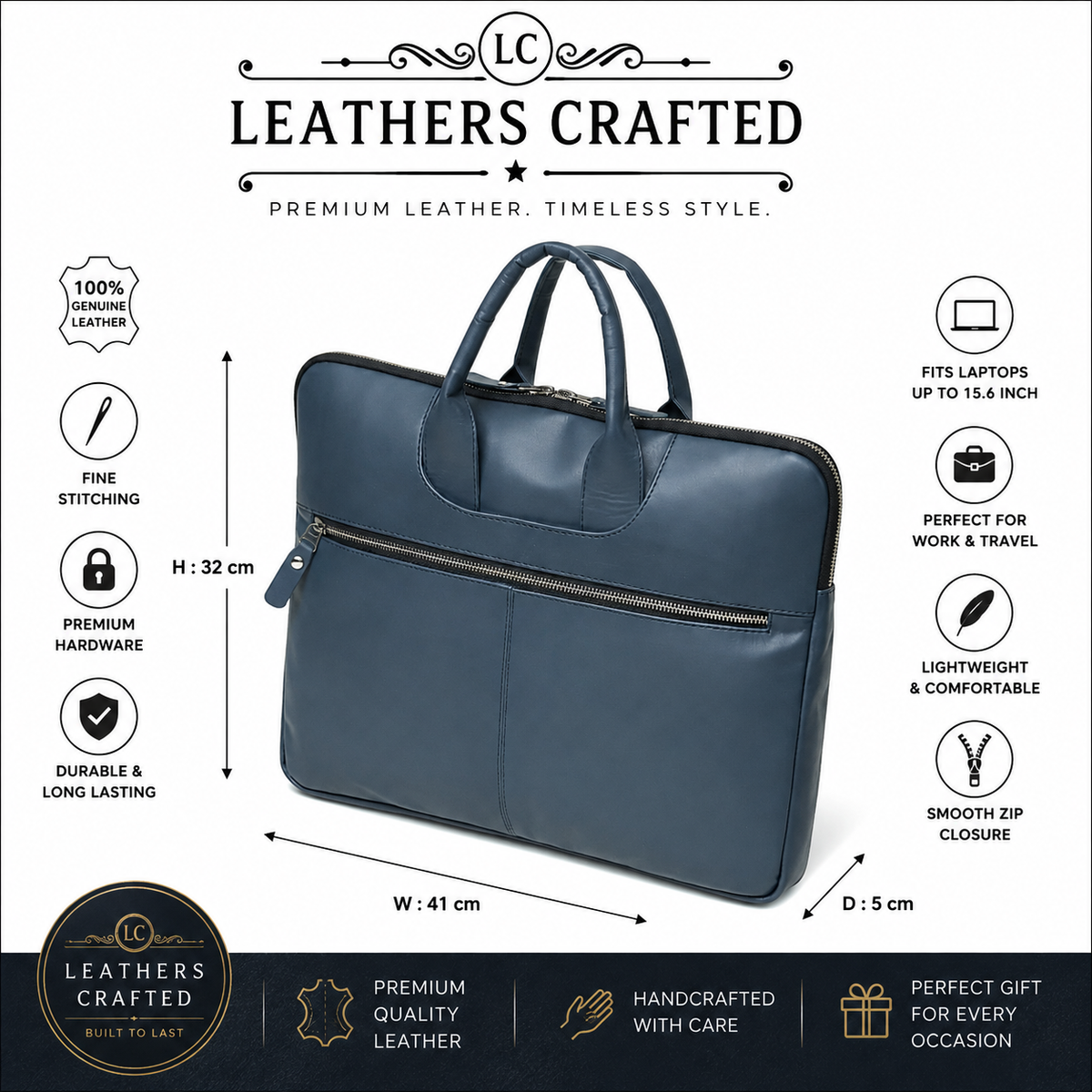 Genuine Leather Laptop Briefcase – Blue Leather Work & Business Bag | Leathers Crafted
