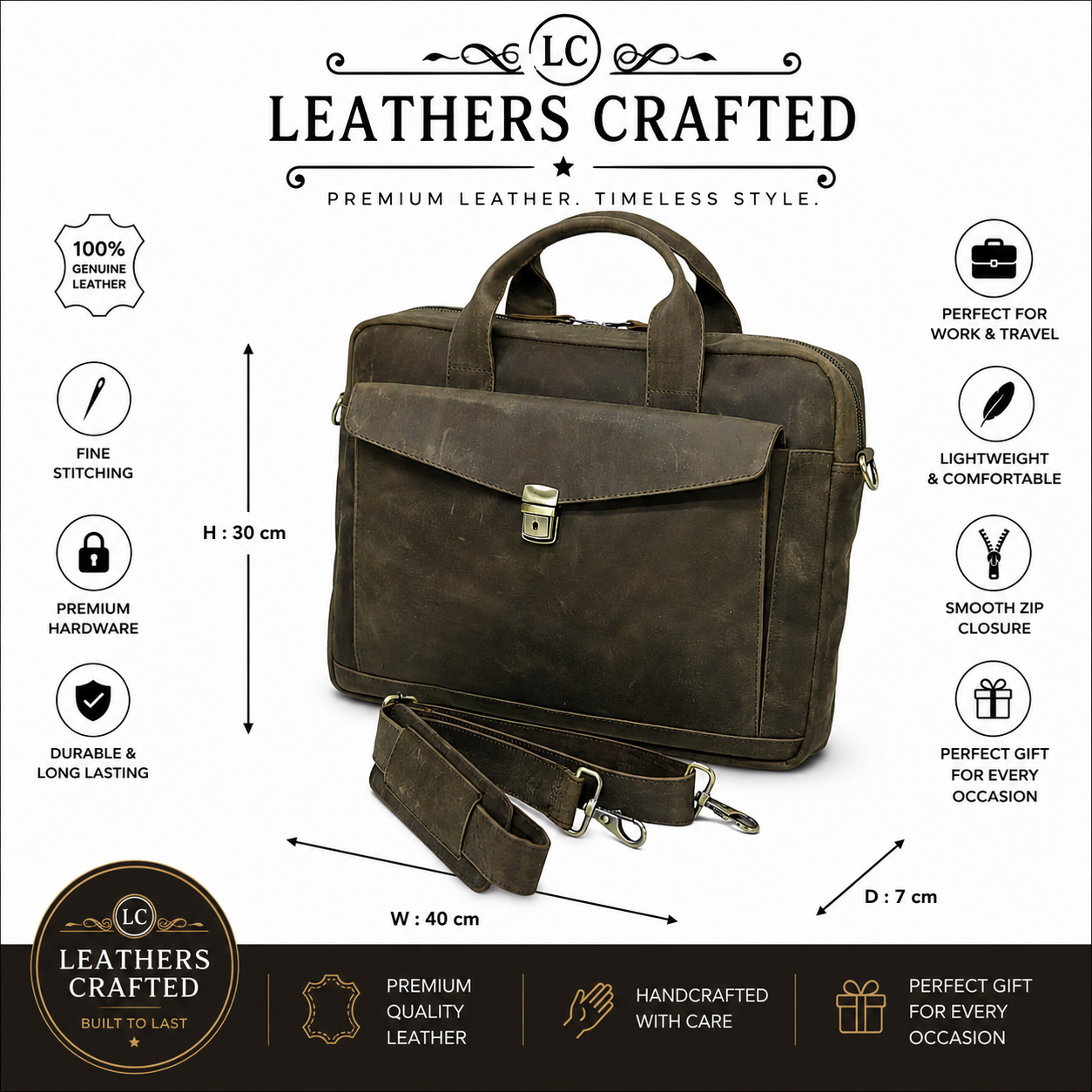 Genuine Leather Briefcase Messenger Bag – Vintage Brown Work Bag | Leathers Crafted