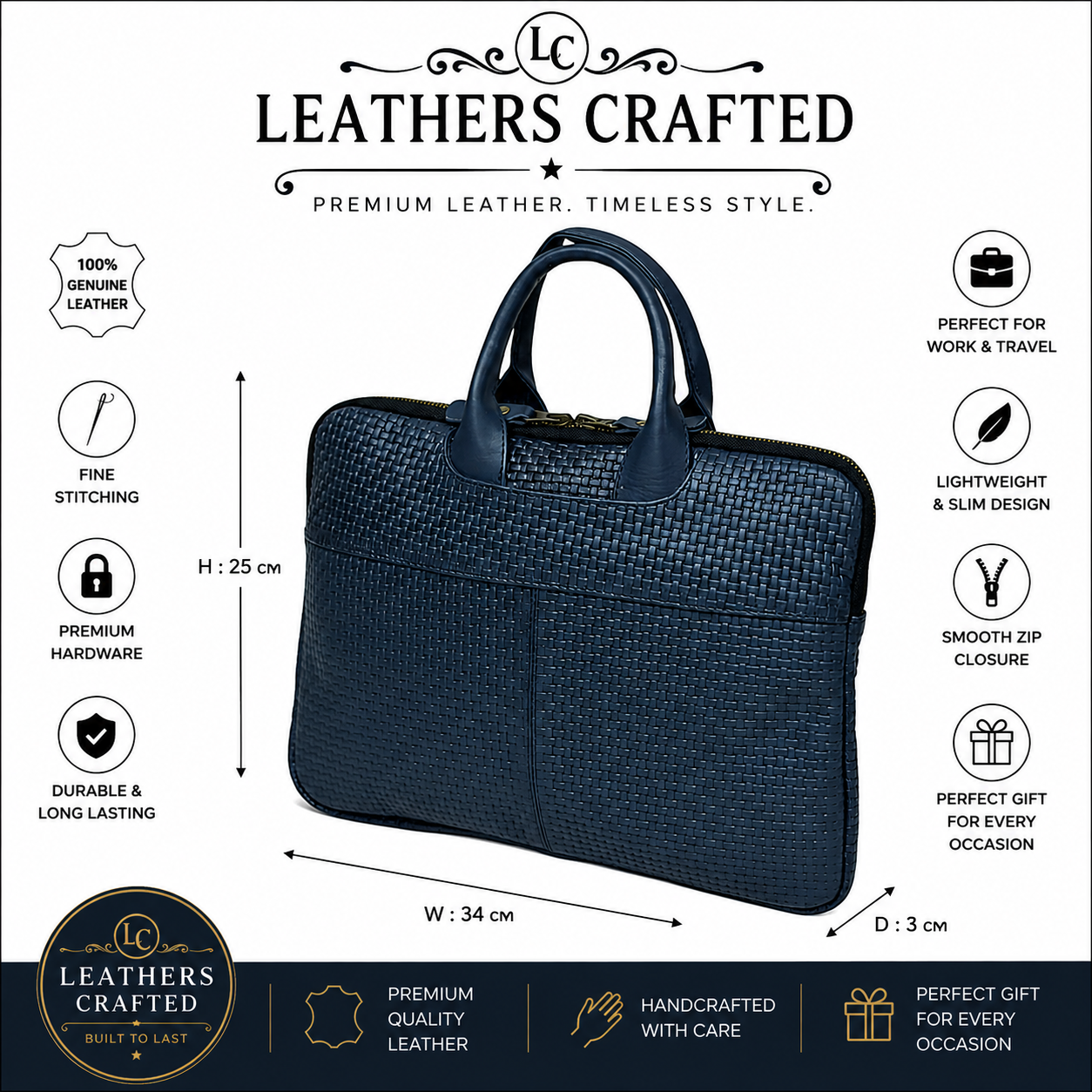Navy Blue Woven Leather Briefcase – Slim Professional Work Bag | Leathers Crafted