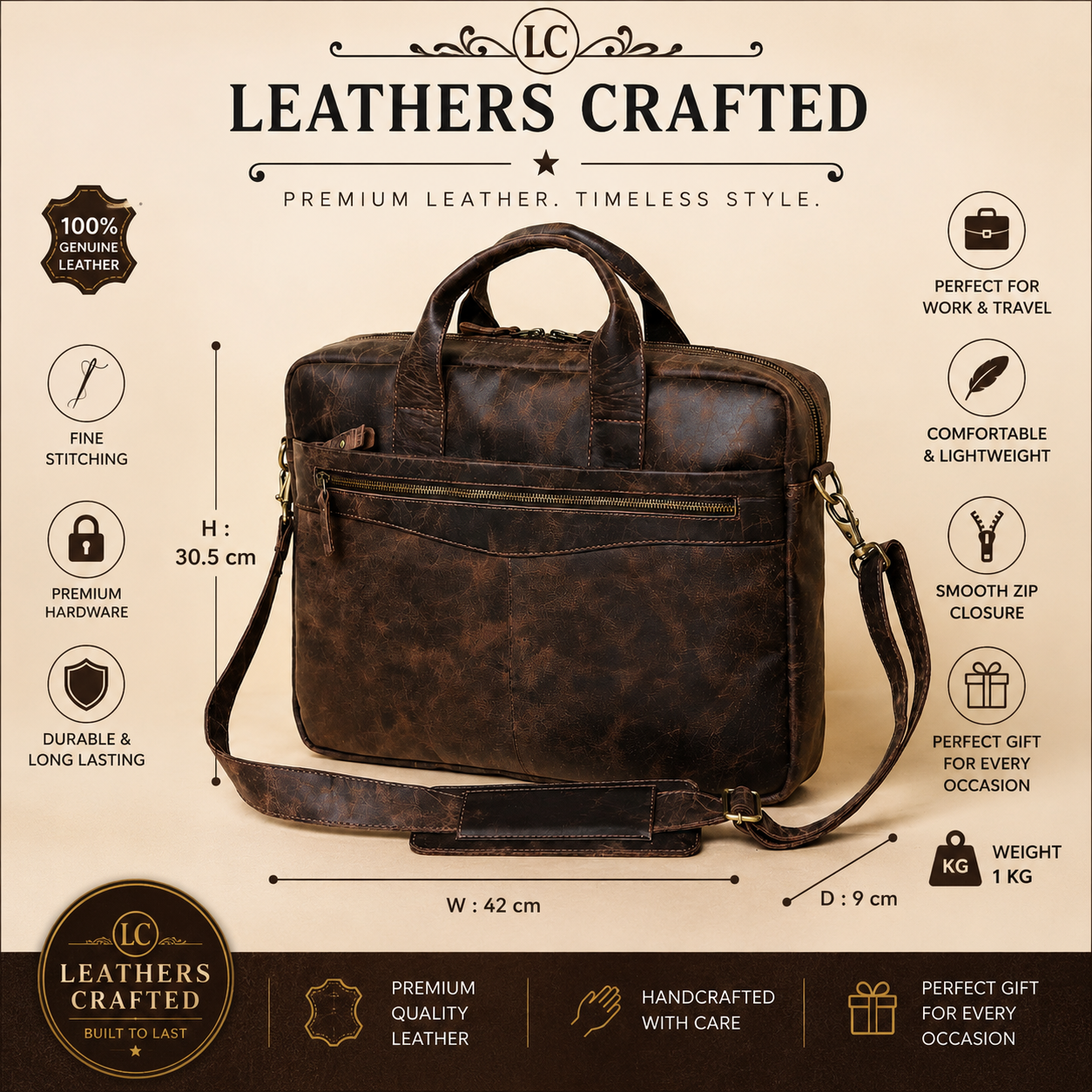 Vintage Brown Leather Briefcase Messenger Bag – Work & Travel | Leathers Crafted