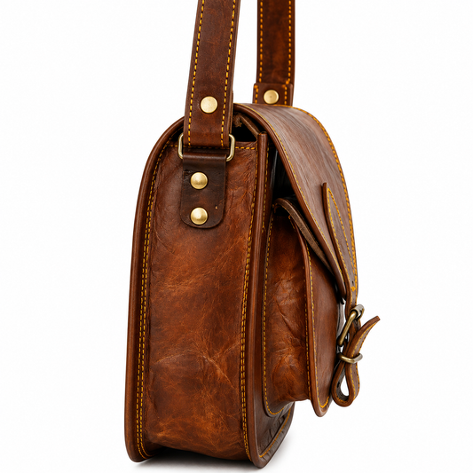 Vintage Brown Leather Crossbody Shoulder Bag – Handmade Messenger Bag with Adjustable Strap
