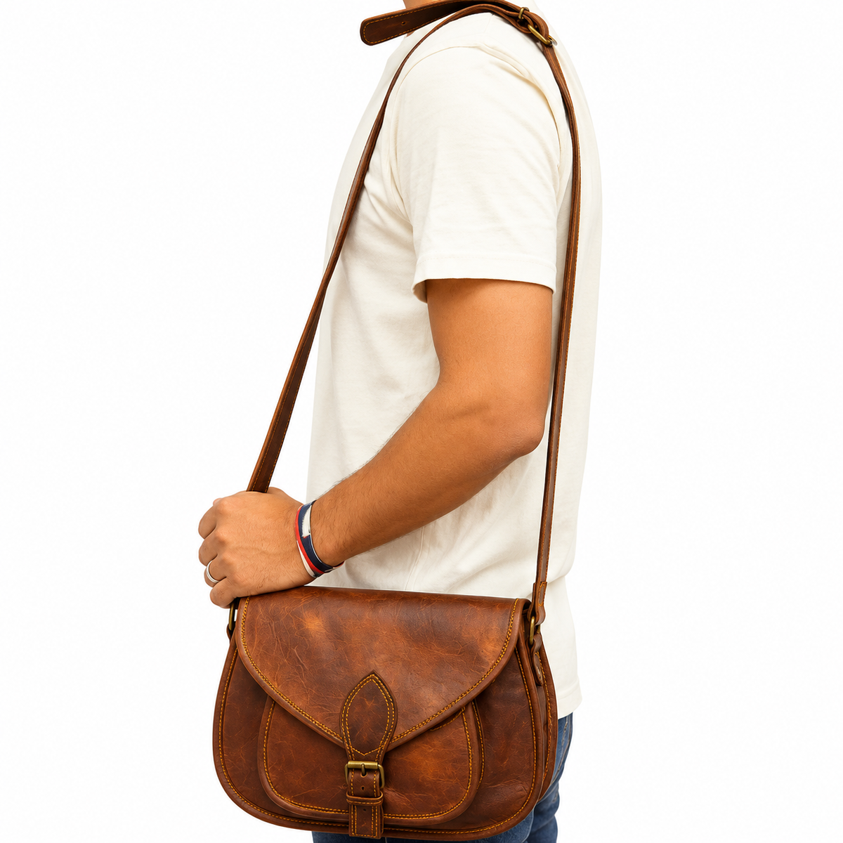 Vintage Brown Leather Crossbody Shoulder Bag – Handmade Messenger Bag with Adjustable Strap