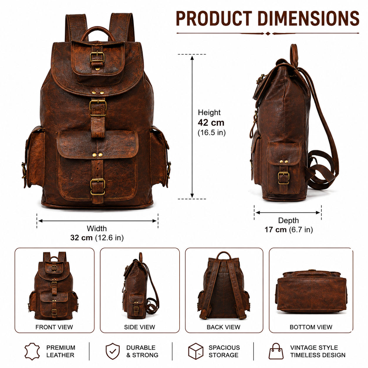 Vintage Leather Backpack – Large Travel Rucksack with Multiple Pockets