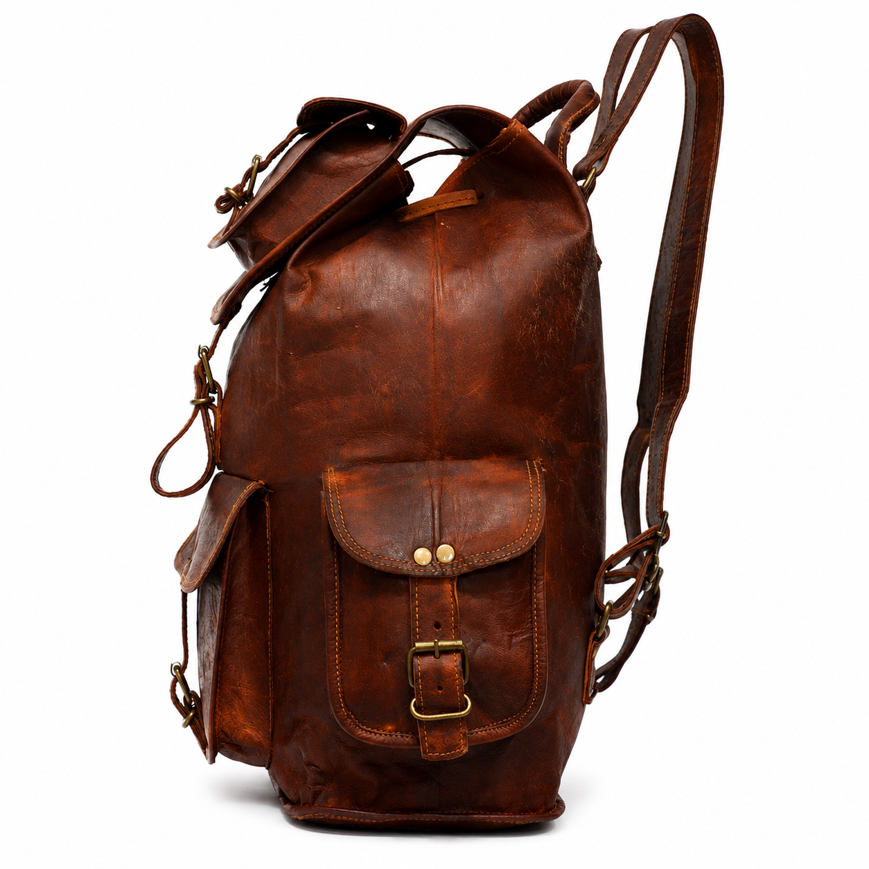 Vintage Leather Backpack – Large Travel Rucksack with Multiple Pockets