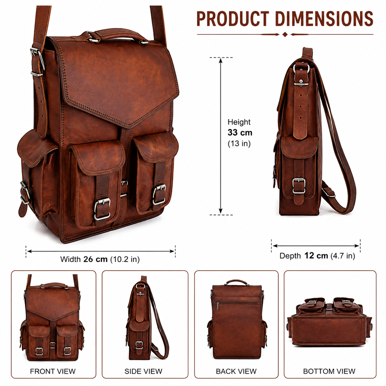 Vintage Brown Leather Backpack – Multi Pocket Travel Daypack