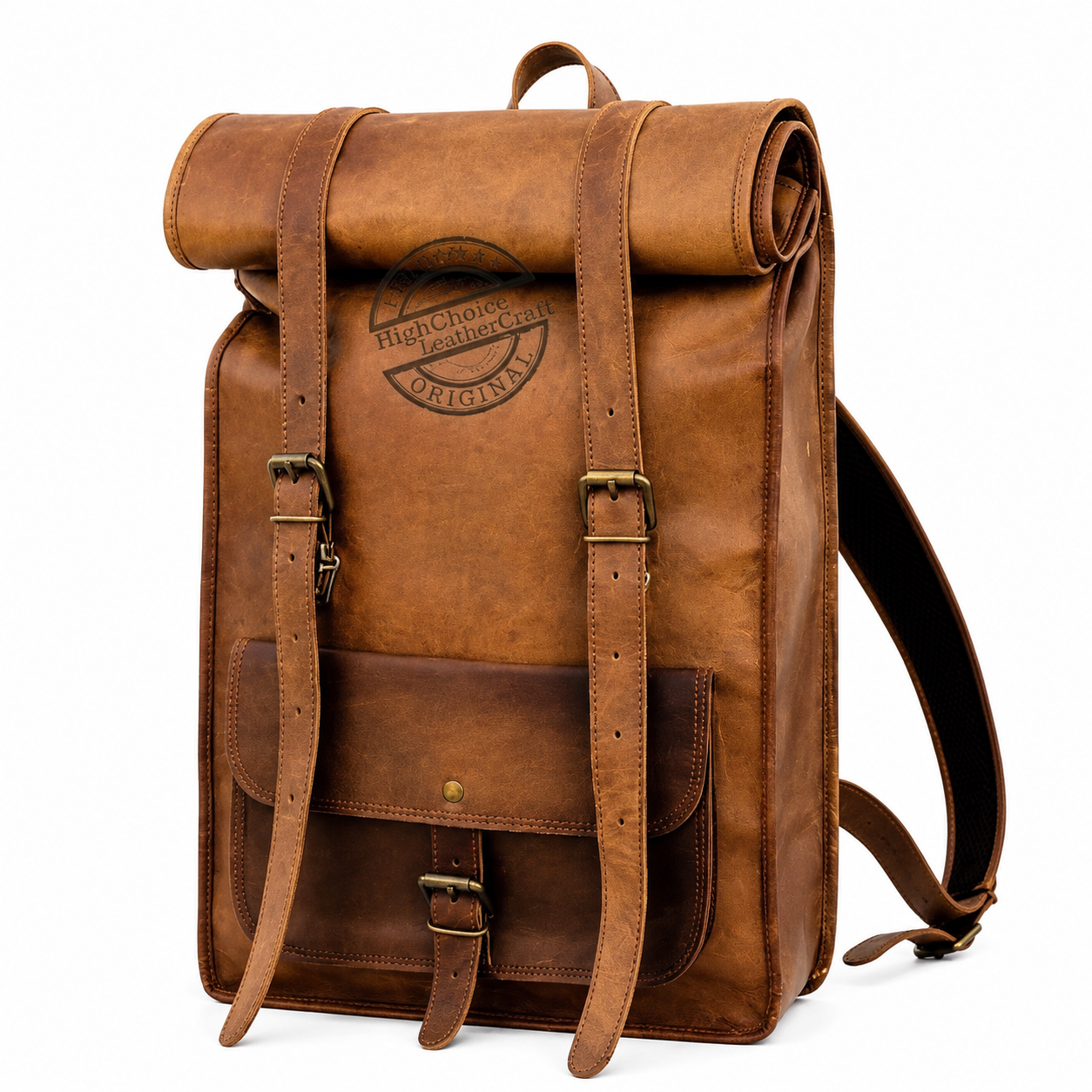 Vintage Brown Leather Backpack – Roll Top Travel Rucksack