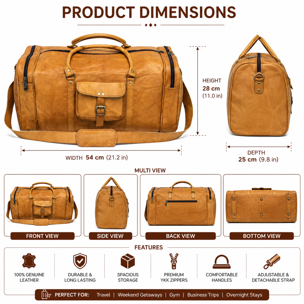 Vintage Leather Duffel Bag – Travel Weekender Bag