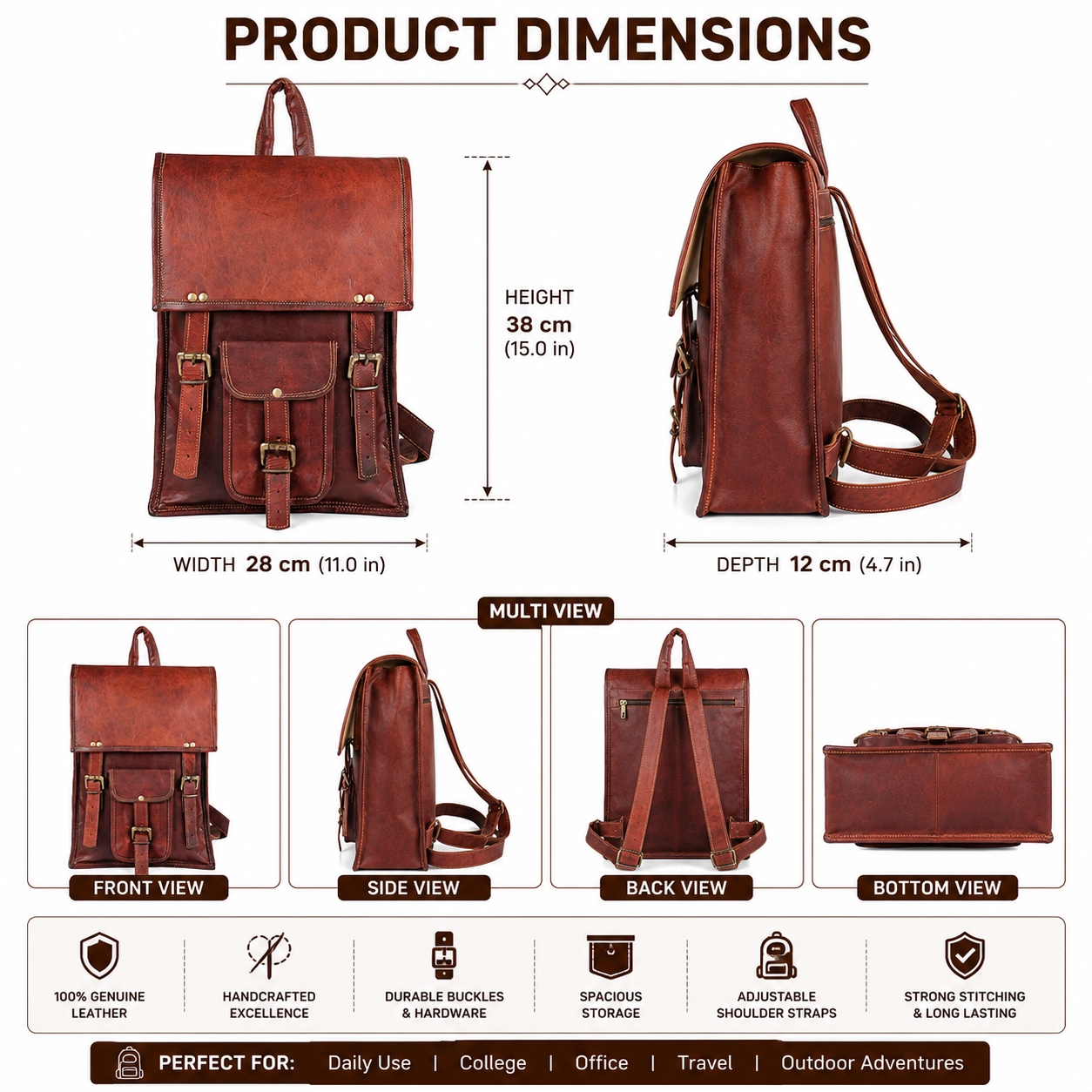 Vintage Leather Backpack for Men & Women – Handmade Travel Daypack