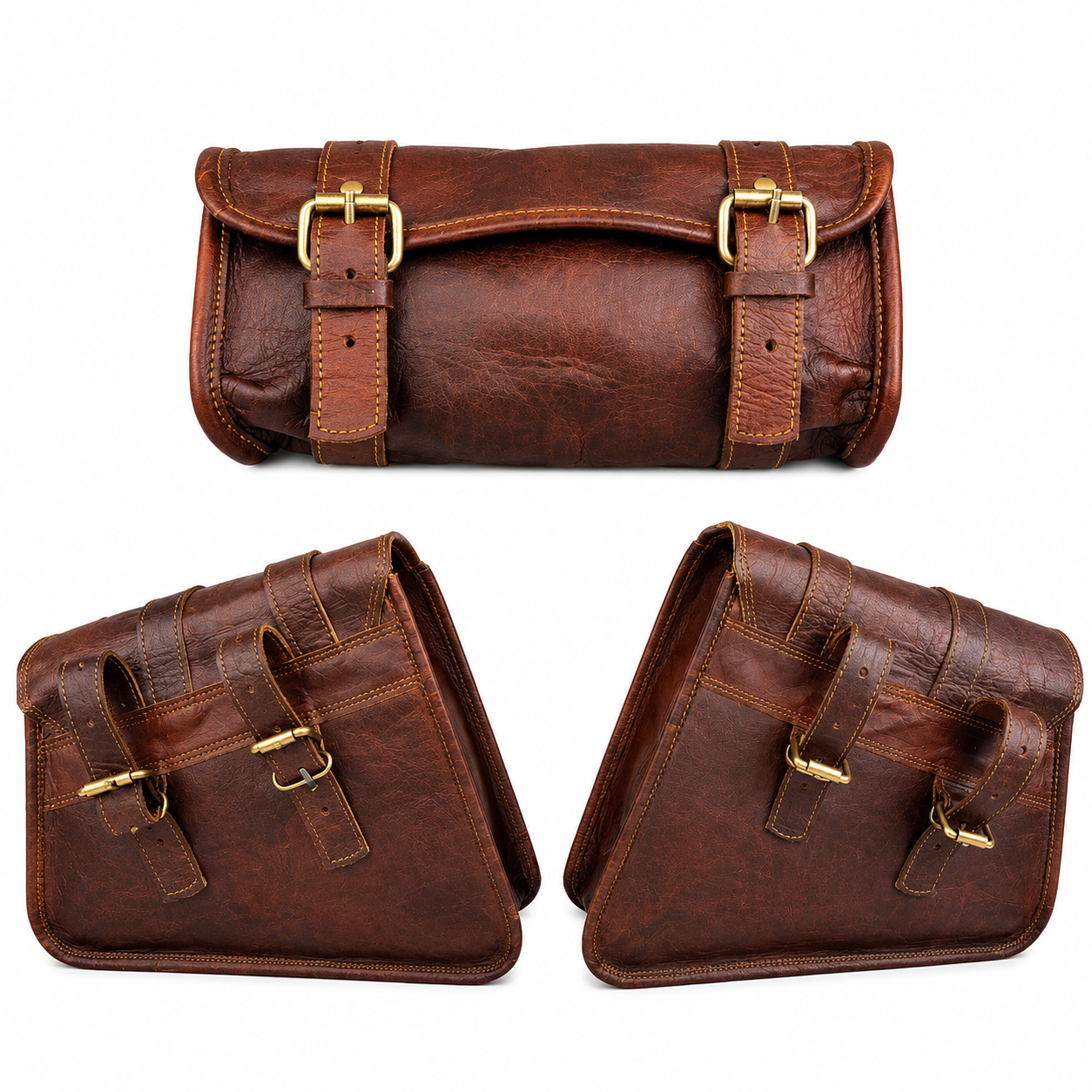 Vintage Brown Leather Motorcycle Saddle Bags Set