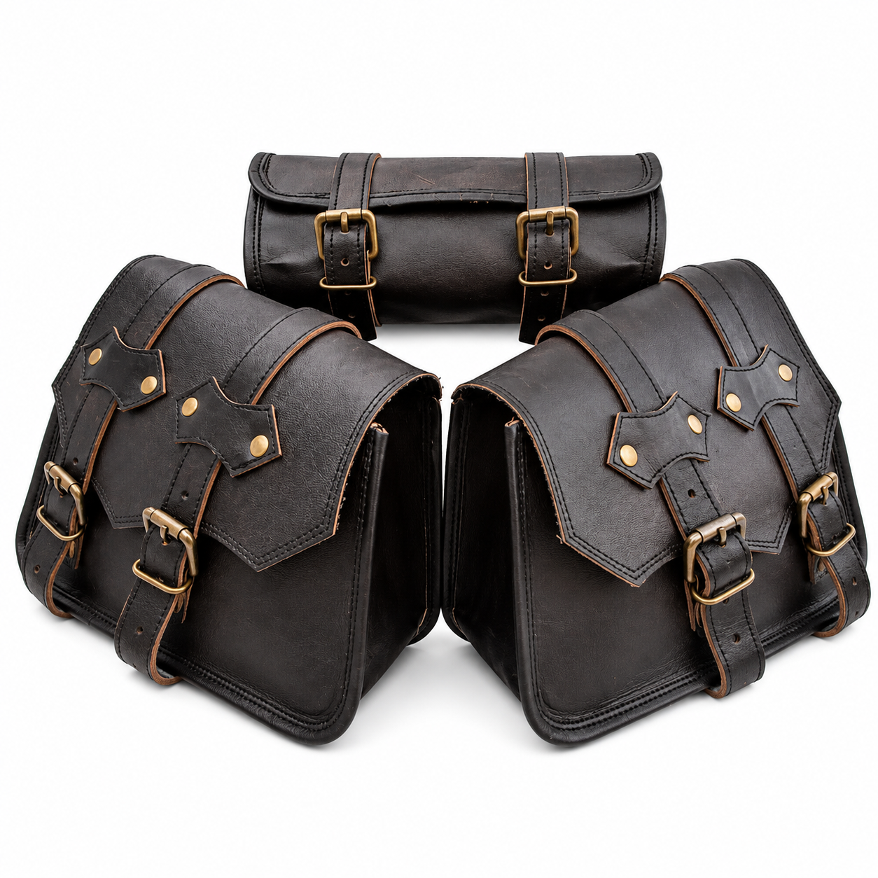 Vintage Brown Leather Motorcycle Saddle Bags Set