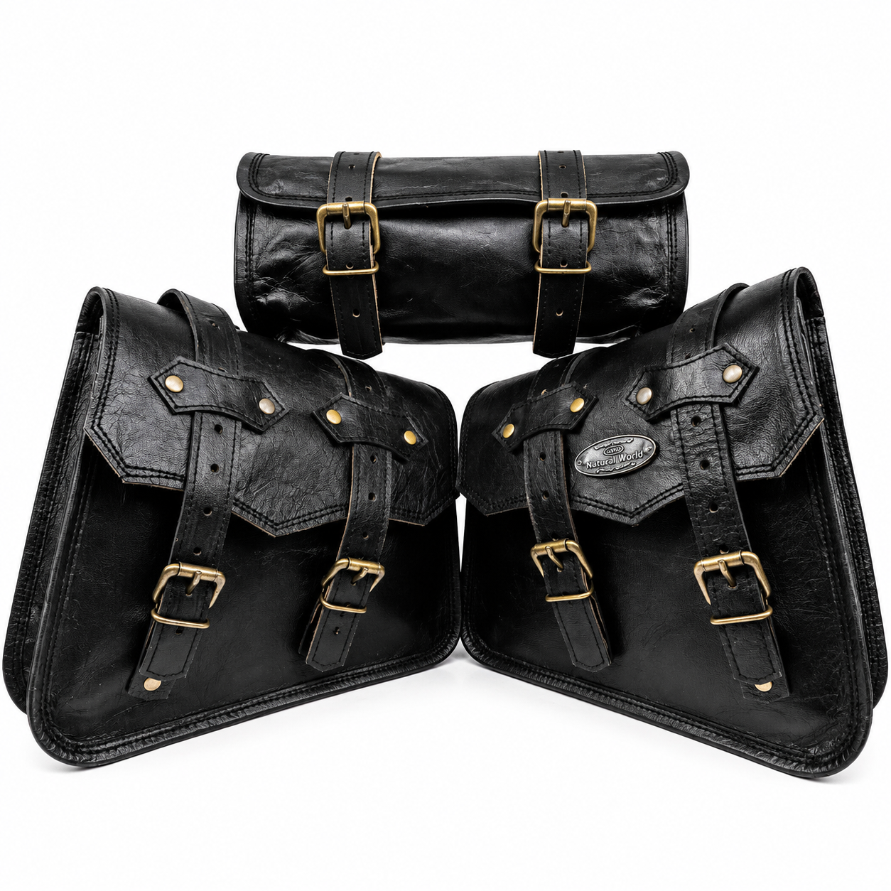 Vintage Brown Leather Motorcycle Saddle Bags Set