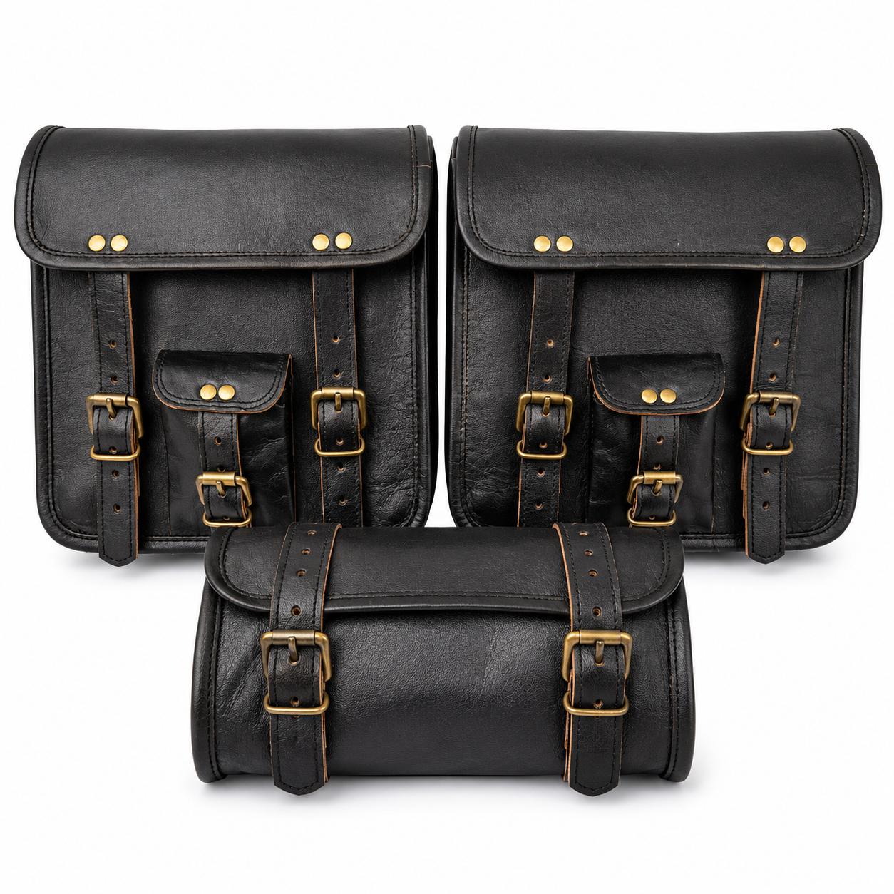 Black Leather Motorcycle Saddlebags Set with Tool Bag – 3 Piece