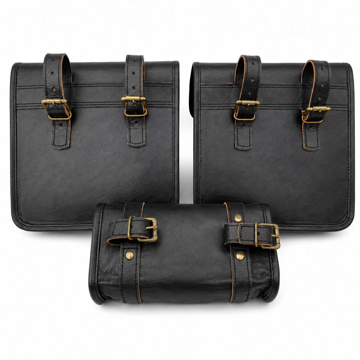 Black Leather Motorcycle Saddlebags Set with Tool Bag – 3 Piece