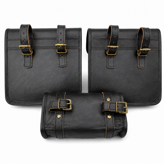Black Leather Motorcycle Saddlebags Set with Tool Bag – 3 Piece