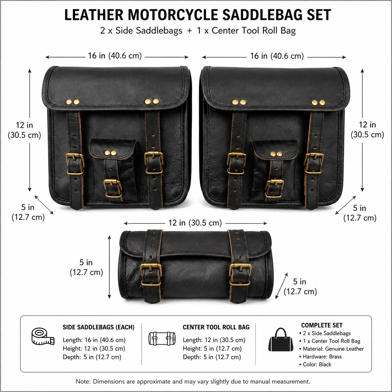 Black Leather Motorcycle Saddlebags Set with Tool Bag – 3 Piece