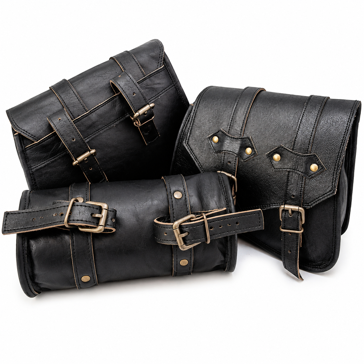 3 Piece Leather Motorcycle Saddlebag Set – Black Vintage Bike Bags