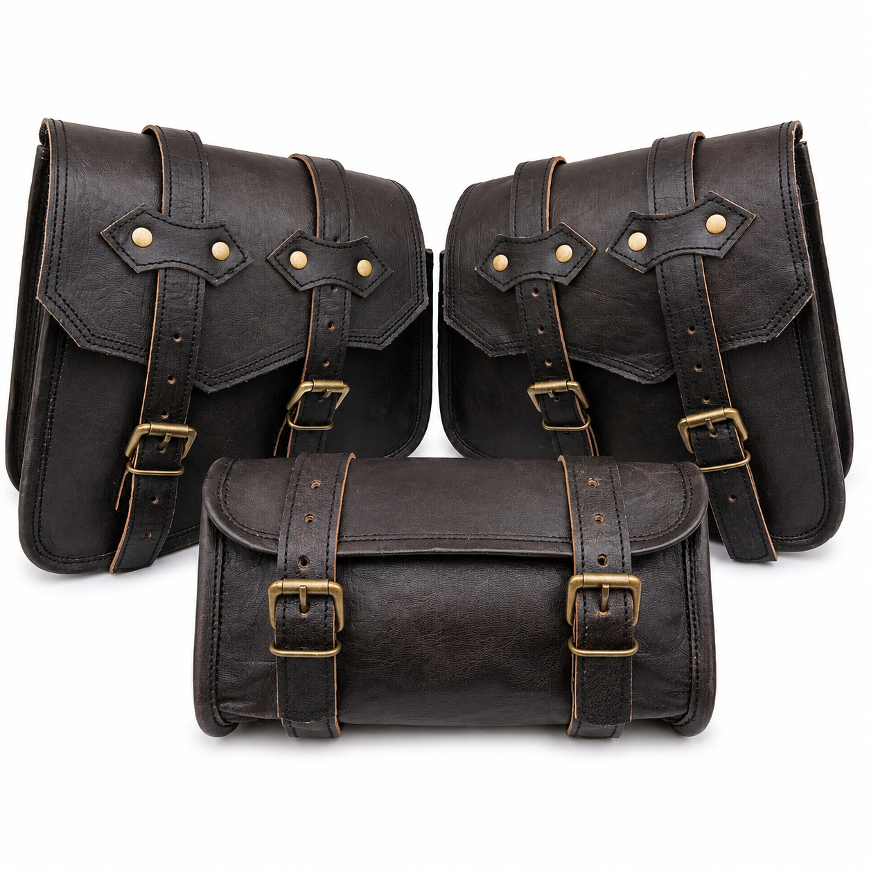 3 Piece Leather Motorcycle Saddlebag Set – Black Vintage Bike Bags