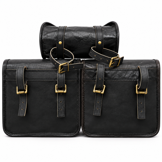 Black Leather Motorcycle Saddle Bags Set | 3 Piece