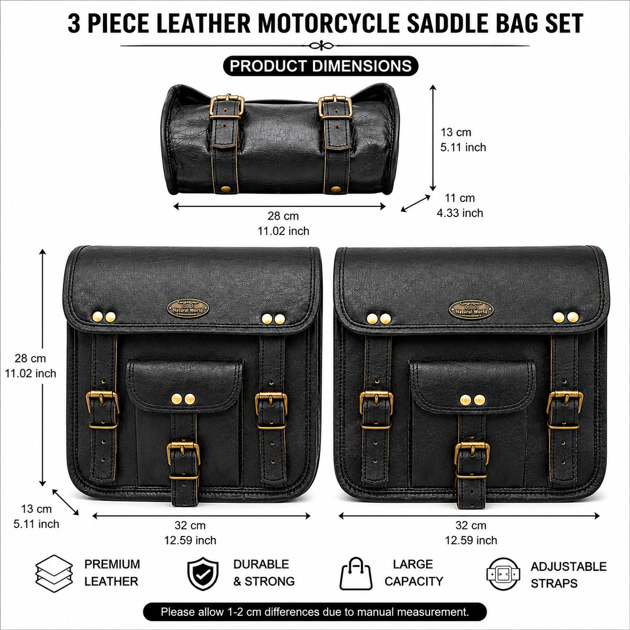Black Leather Motorcycle Saddle Bags Set | 3 Piece