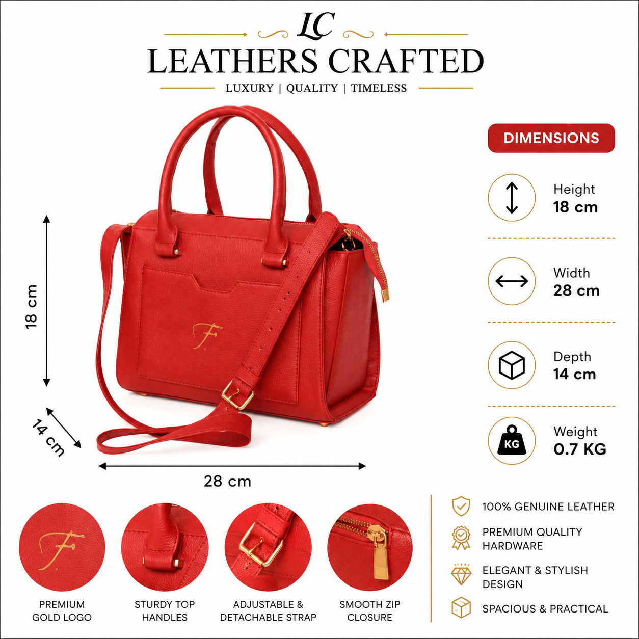 Luxury Red Genuine Leather Satchel Handbag for Women – Designer Crossbody Shoulder Bag | Leathers Crafted