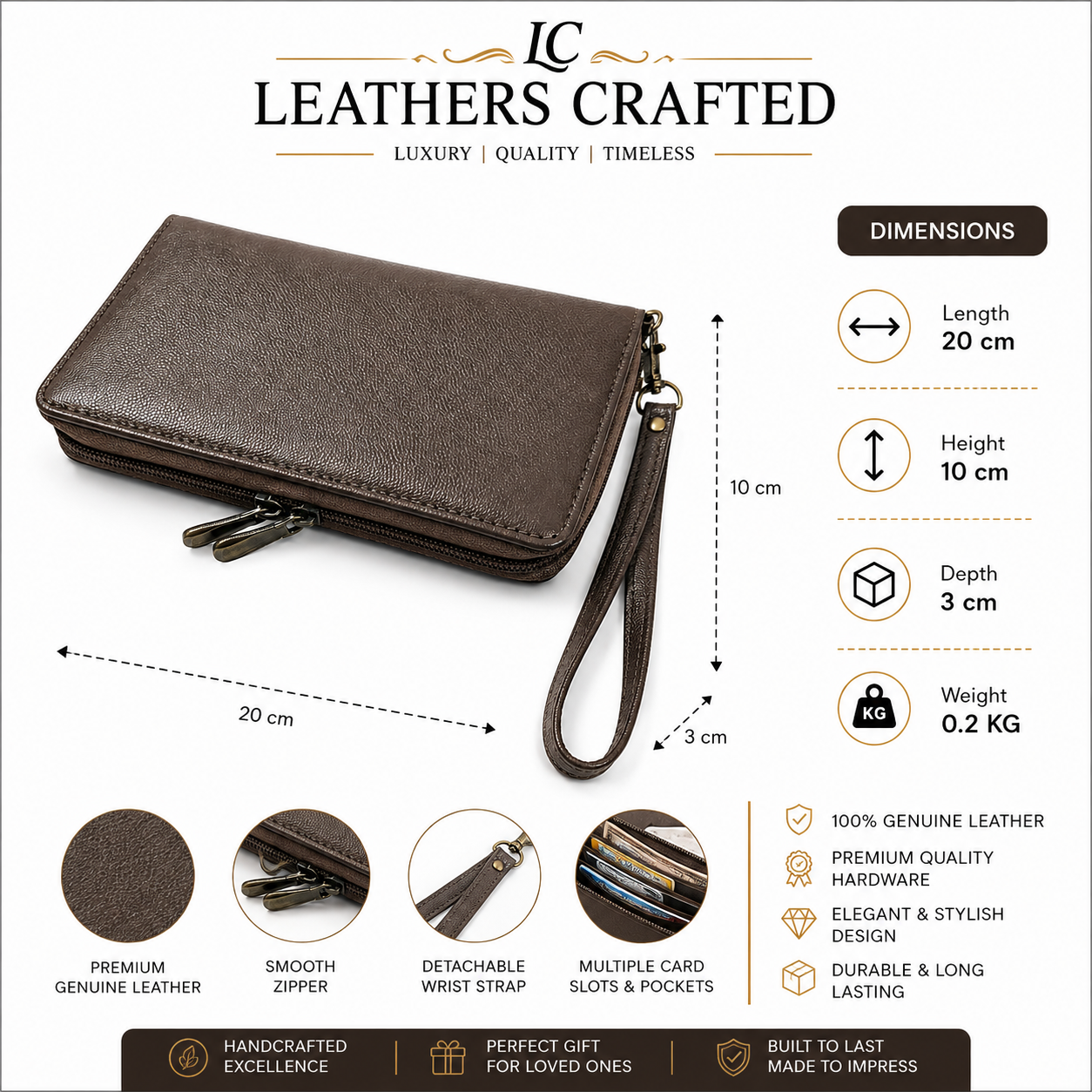 Leathers Crafted Genuine Leather Zip Around Wristlet Wallet – Premium Travel Clutch Organizer for Men & Women