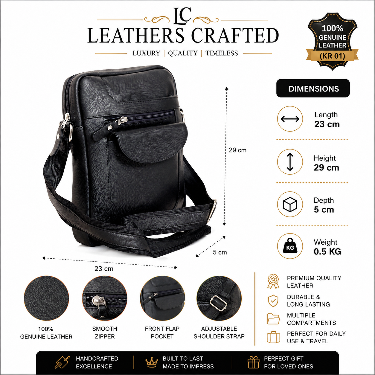 Leathers Crafted KR-01 Genuine Leather Crossbody Messenger Bag – Premium Men's Shoulder Bag for Travel & Daily Use