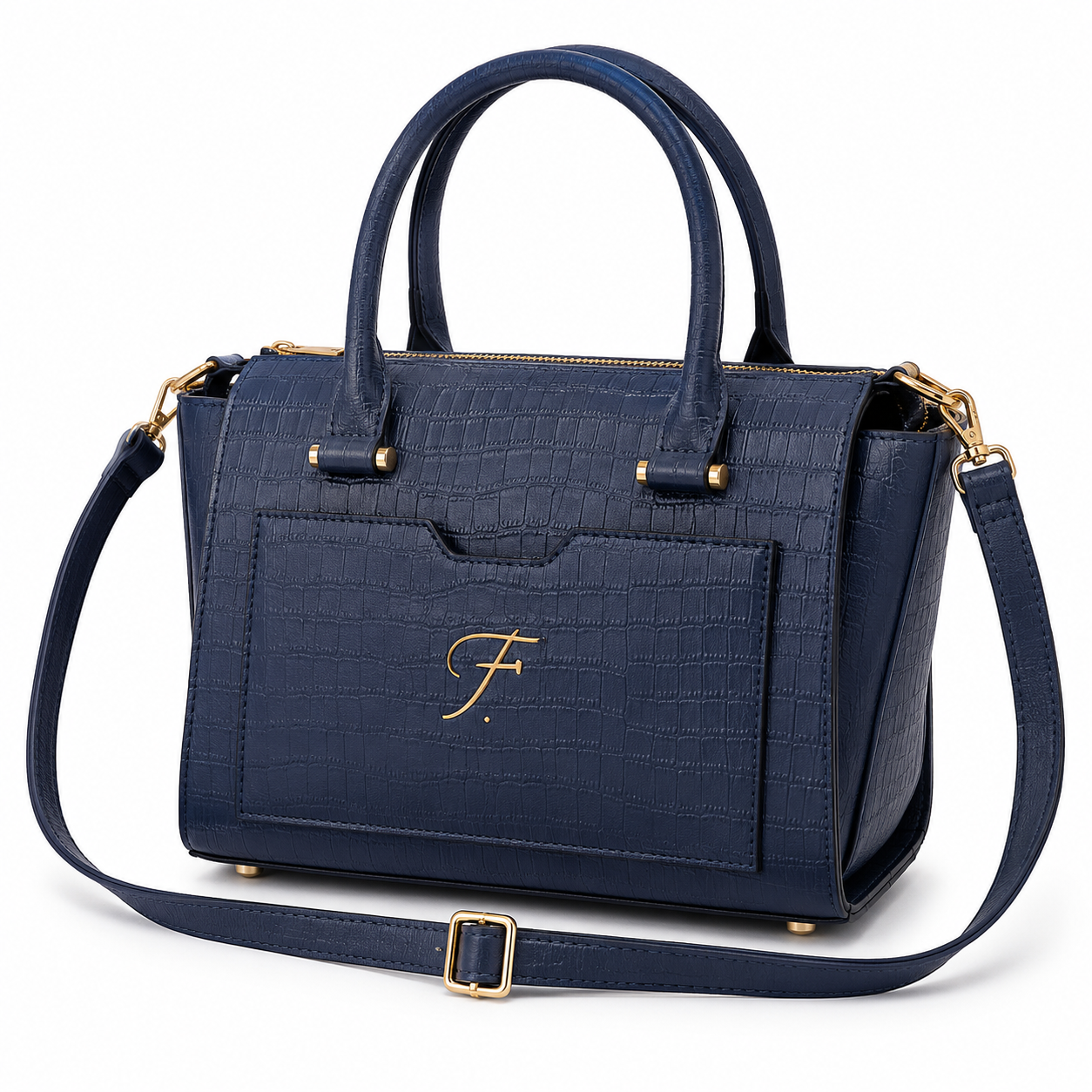 Luxury Navy Blue Crocodile Embossed Genuine Leather Handbag for Women
