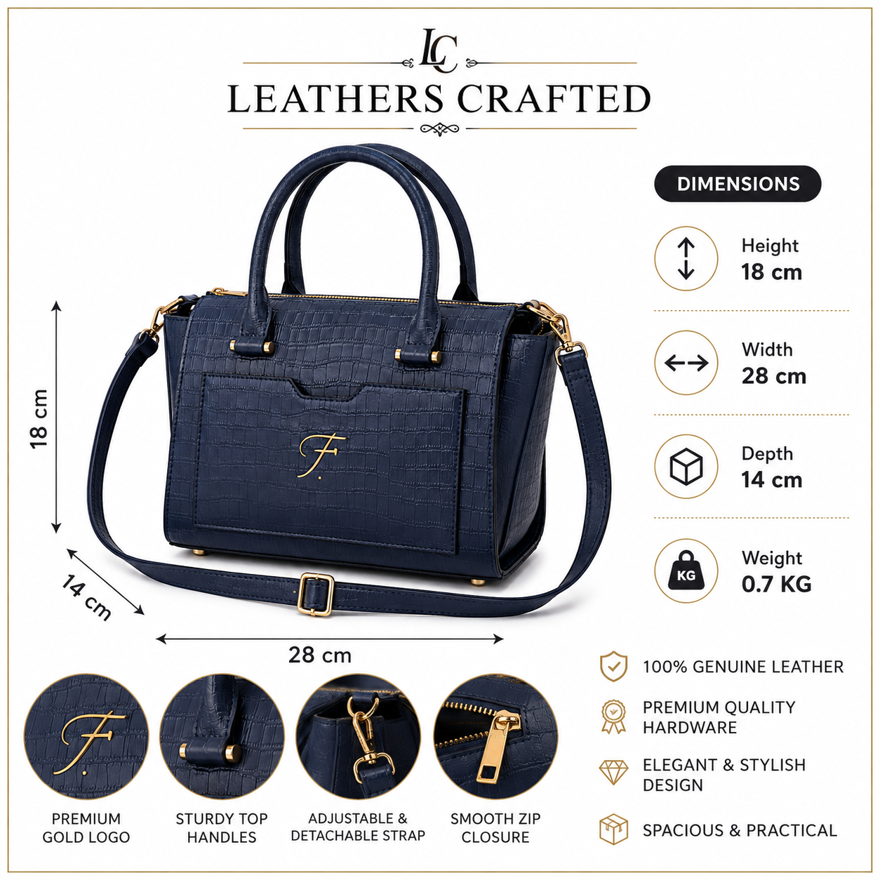 Luxury Navy Blue Crocodile Embossed Genuine Leather Handbag for Women