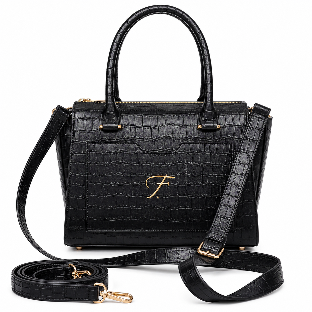 Luxury Black Crocodile Embossed Genuine Leather Handbag for Women Shoulder Bag & Crossbody Purse