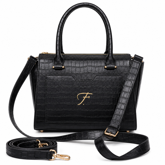 Luxury Black Crocodile Embossed Genuine Leather Handbag for Women Shoulder Bag & Crossbody Purse