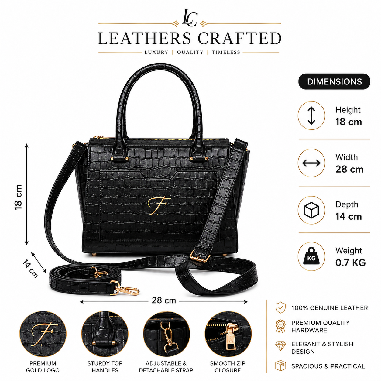 Luxury Black Crocodile Embossed Genuine Leather Handbag for Women Shoulder Bag & Crossbody Purse
