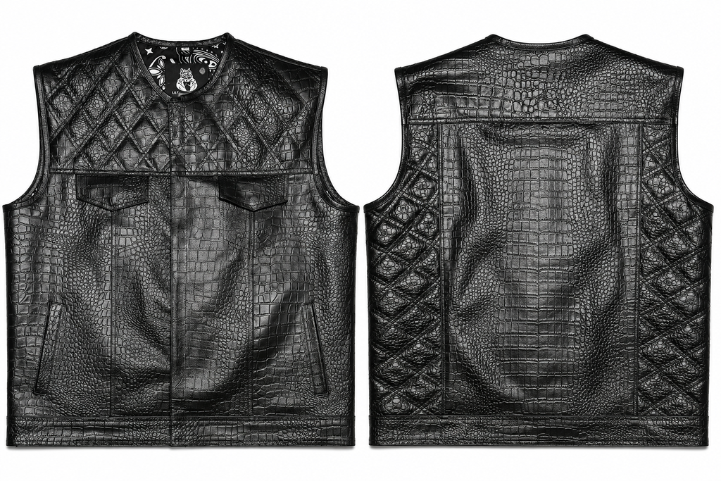 Black Crocodile Leather Vest for Men – Premium Motorcycle Club Biker Waistcoat