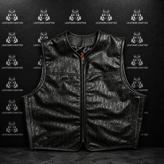 Premium Black Monogram Embossed Genuine Leather Motorcycle Vest for Men