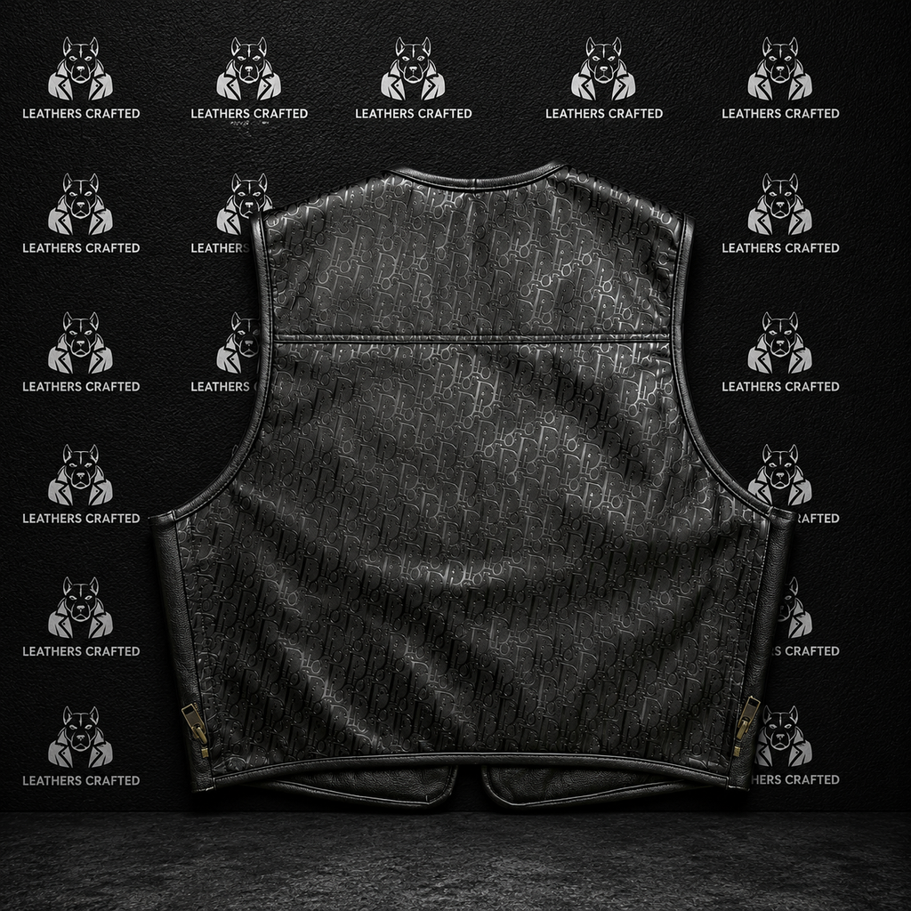 Premium Black Monogram Embossed Genuine Leather Motorcycle Vest for Men | Handmade Luxury Biker Vest | Leathers Crafted